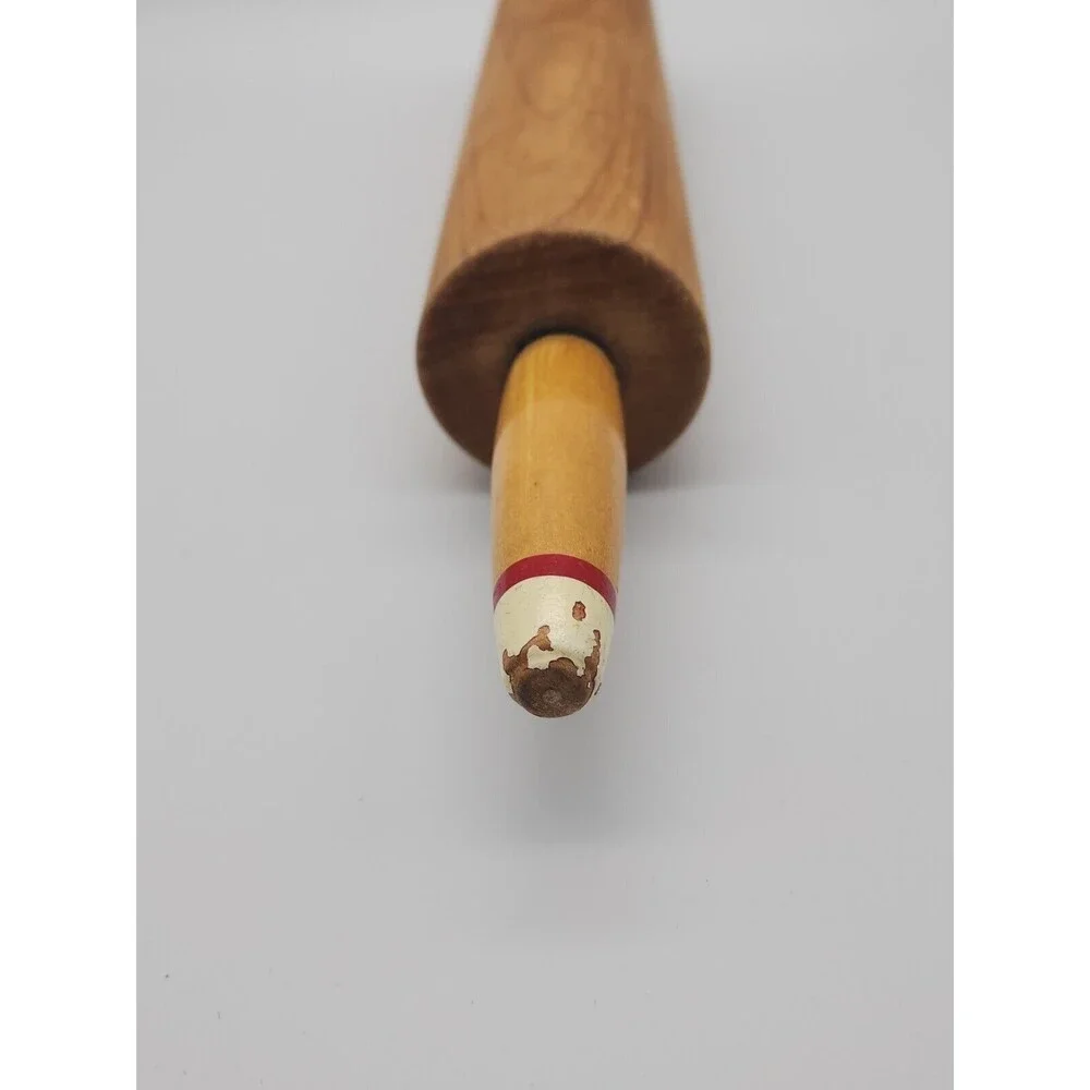 Vintage Wooden Rolling Pin Painted Red & Cream Tips of Wood Handles 18